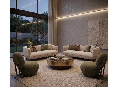 Modernes Sofa Set Bouclé Beige Grün Sessel Wohnzimmer Couch Möbel Polster