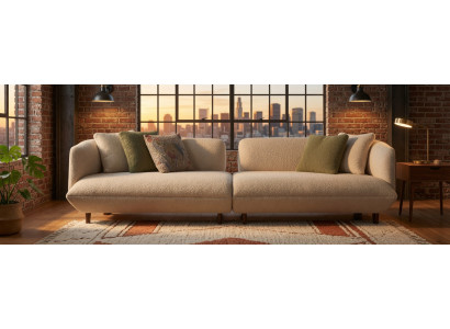Breites Sofa Bouclé Beige Grüne Kissen Holzbeine Modern