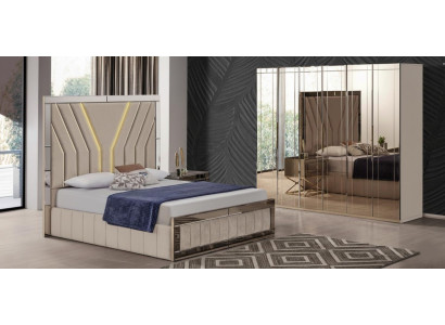 Beiges Schlafzimmer Doppelbett Luxuriöser Glasschrank 2tlg Set