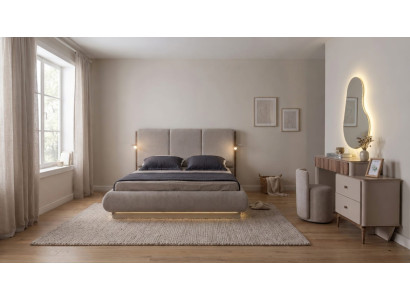 Modernes Skandi Schlafzimmer Set Design Bett Schminktisch LED-Spiegel