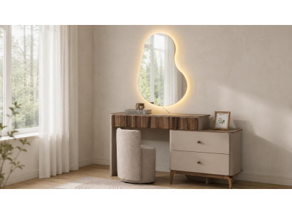 Modernes Schminktisch Set Holz-Optik Hocker Skandi Frisiertisch Beige