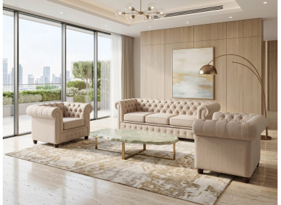 Beiges klassisches Wohnzimmer-Set 3+1+1-Sitzer-Sofas Gestepptes Chesterfield