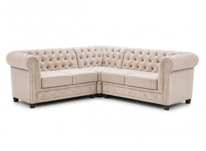 Beiges L-förmiges Ecksofa aus Stoff klassisches gestepptes Sofa Chesterfield