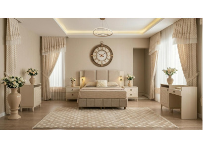 Schlafzimmer-Set Bett Kopfteil Kommode 2x Nachttische Modern Beige