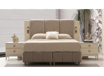 Schlafzimmer-Set Bett Kopfteil 2x Nachttische Modern Holz Beige Geräumig