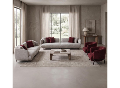 Grau-Rote Polstergarnitur Stilvolle Textilsofas Designer 2x Sessel