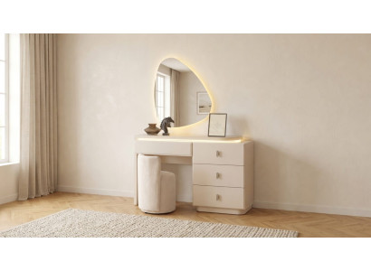 Premium Edel Frisiertisch Set Spiegel Hocker Beige Elegant Design Holz