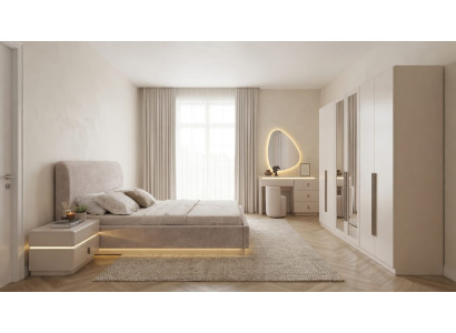 Stilvoll Modern Schlafzimmer Set Beige Bett Schrank Nachttisch Hocker