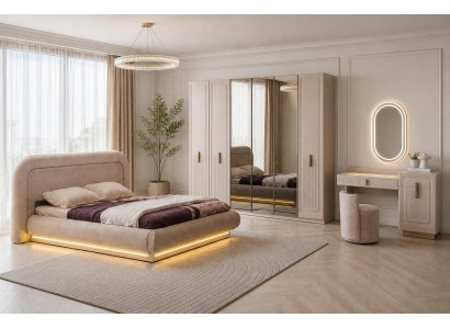 Premium Edel Schlafzimmer Set Bett Schrank Frisiertisch Beige Modern