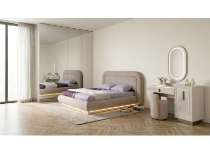 Design Schlafzimmer Set Bett Beige Schminktisch Hocker Schick Modern