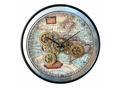 Wanduhr Steampunk Metall Glas Zahnrad Vintage Deko Loft Uhr  Weltkarte