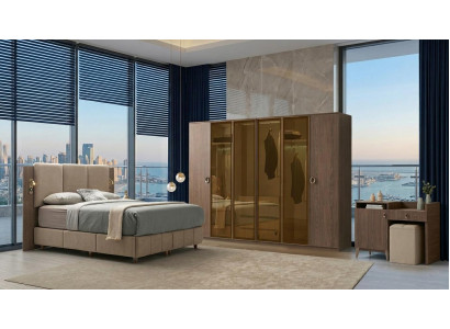 Braunes Schlafzimmer Set Polsterbett Edler Kleiderschrank Kommode