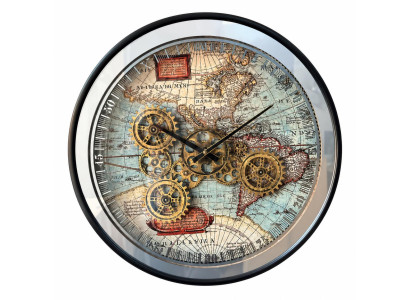 Wanduhr Weltkarte Steampunk Metall Glas Zahnrad Rund Vintage Deko Loft Uhr
