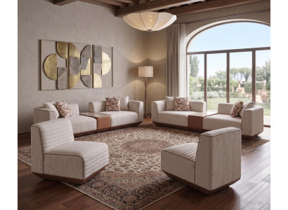 Beige Polstergarnitur Wohnzimmer Designer Funktionssofa 2x Sessel
