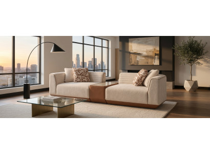 Beiges Stoffsofa Exklusive Polstercouch Funktionstisch 3-Sitzer