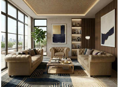 Beiges Wohnzimmer-Set 3+3+1-Sitzer-Sofas Chesterfield Gesteppte Sofas