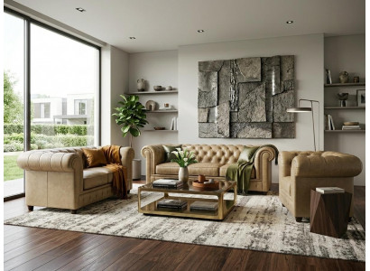 Beiges Wohnzimmer-Set 3+2+1-Sitzer-Sofas Gesteppte Sofas Chesterfield