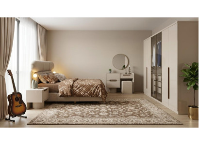 Beige Schlafzimmer Garnitur Textilbett Holzkommode 2x Nachttische