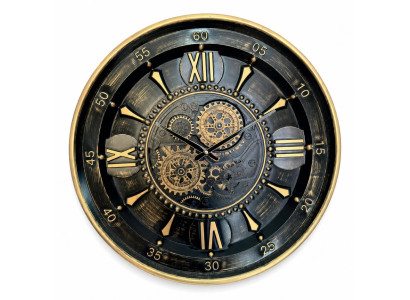 Wanduhr Schwarz Gold Zahnräder Mechanismus Vintage Stil Dekor Uhr