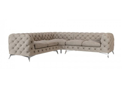 Großes beiges Ecksofa in L-Form Gestepptes Stoffsofa Chesterfield Klassiker