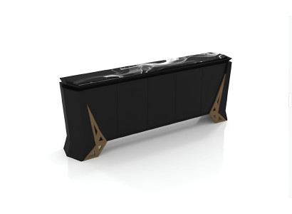 Edles Sideboard Schwarz Hochglanz mit Gold Design Elementen