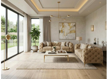Klassisches beiges Wohnzimmer-Set 3+2-Sitzer-Sofas Chesterfield Gesteppte
