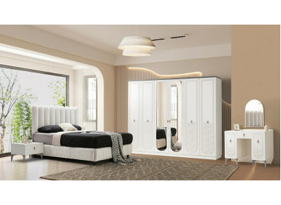 Schlafzimmer-Set Bett Kopfteil Schrank Kommode Spiegel 2x Nachttische