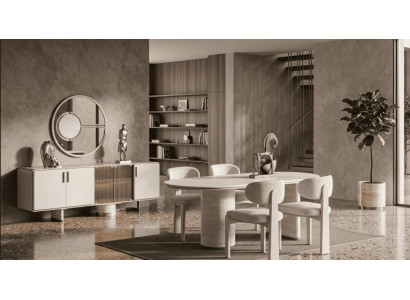 Beiges Esszimmer-Set Ovaler Esstisch Esszimmerstühle Sideboard moderner Stil