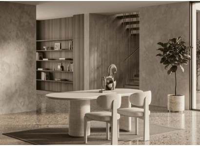 Beiges Esszimmer-Set Ovaler Esstisch Esszimmerstühle Polsterstühle moderner