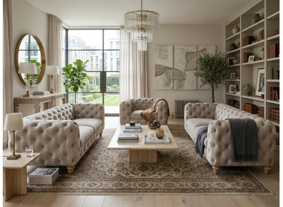 Beiges Wohnzimmer-Set 2,5+2,5+1-Sitzer-Sofas gesteppte Klassiker Chesterfield