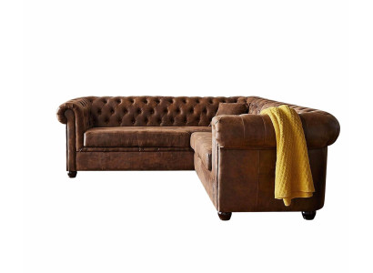 Braunes L-förmiges Ecksofa Gestepptes Ledersofa Chesterfield Wohnzimmermöbel
