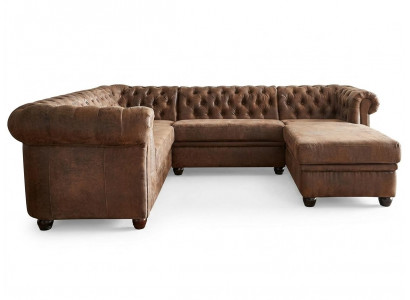 Braunes klassisches Ecksofa in U-Form Gestepptes Ledersofa Chesterfield