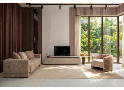 Wohnzimmer Set Beige Sofa Sessel TV-Lowboard Modern Wohnlich Komfort