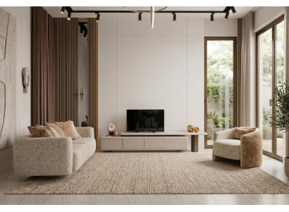Sofa Sessel TV-Lowboard Set Beige Design Wohnlich Hochwertig