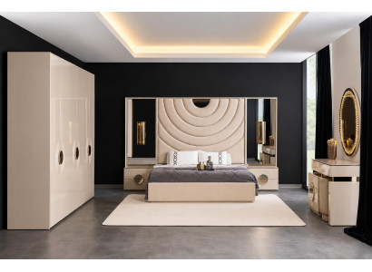 Moderne Beige Schlafzimmer Garnitur Polsterbett Schminktisch Spiegel