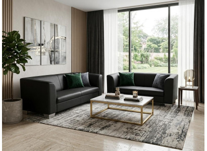 Modernes schwarzes Wohnzimmer-Set: 3+2-Sitzer-Sofas Ledersofas Wohnzimmer