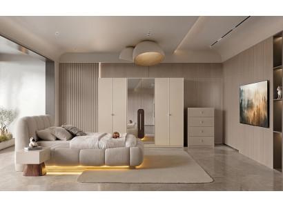 Schlafzimmer-Set Bett Schrank Kommode 2x Nachttische Modern Beige Edel