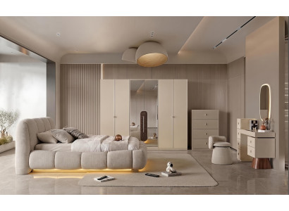 Schlafzimmer-Set Bett Schrank Kommode Schminktisch Wandspiegel Beige