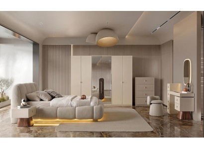 Schlafzimmer Set Bett Schrank Kommode 2x Nachttische Schminktisch Beige