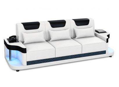 3-Sitzer Ledersofa Modern Weiß Schwarz Elegant LED Ablage Komfort