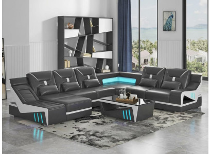 Moderne Wohnlandschaft U-Form Couchtisch Schwarz LED Sofa Set Couch