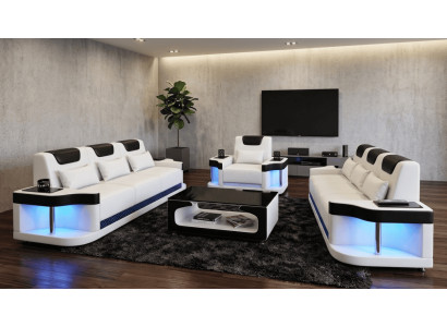 Sofa Set 3+3+1 Modern Weiß Schwarz Premium LED Couchtisch Komfort