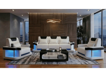 Sofa Set 3+1+1 Modern Weiß Schwarz Premium LED Couchtisch Komfort