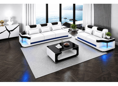 Sofa Set 3+2 Modern Weiß Schwarz Premium LED Luxus Komfort Elegant