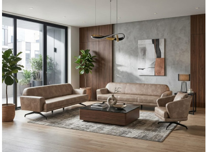 Couchgarnitur 3-Sitzer Sofa Sessel Leder Beige Modern Bequem