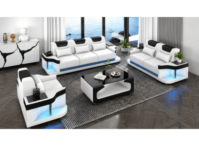 Sofa Set 3+2+1 Modern Weiß Schwarz Premium LED Couchtisch Luxus Top