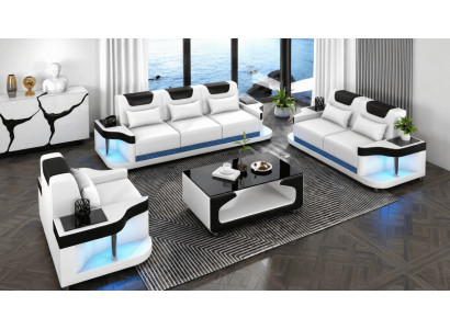Sofa Set 3+2+1 Modern Weiß Schwarz Premium LED Couchtisch Luxus Top