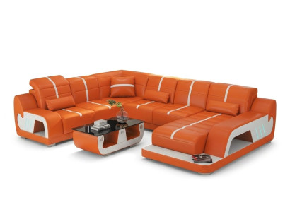 Leder Ecksofa U-Form Modern Orange Couch Led Design Wohnlandschaft