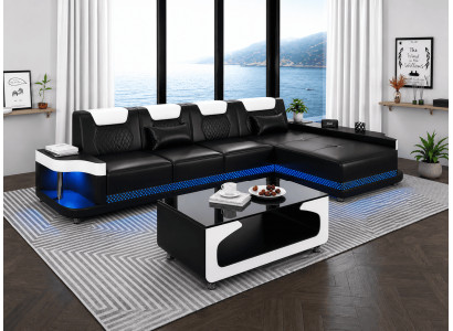 Modern Ecksofa L-Form Couchtisch Schwarz LED Sofa Set Premium Top