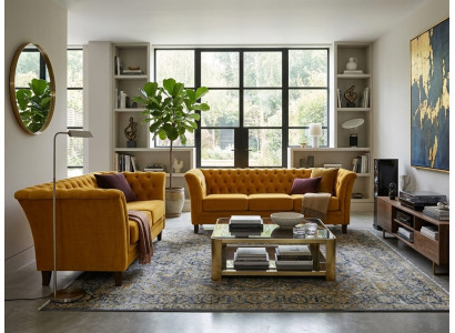 Klassisches dunkelgelbes Wohnzimmer-Set 3+2-Sitzer-Sofas Chesterfield